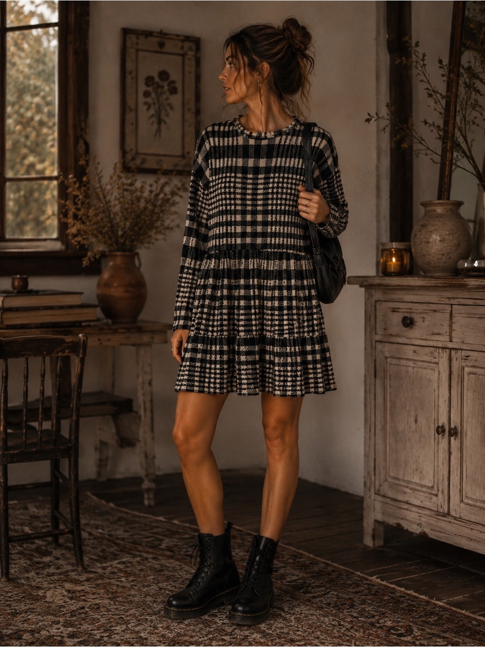 Zara Black and Cream/Oatmeal Plaid Light Sweater Dress SZ L